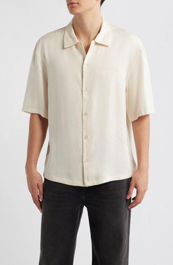 オールセインツ メンズ トップス シャツ ロゴ グラフィック AllSaints Circe Logo Graphic Oversize Short Sleeve ButtonUp Shirt Brittle White ホワイト