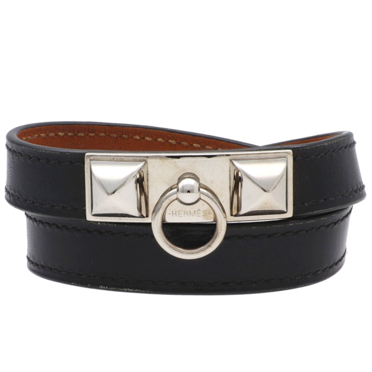 【中古】 HERMES エルメス リヴァル ドゥブルトゥール レザーブレスレット H500483FK89T2 ブラック シルバー X刻印 サイズM 二重 レディース 24035374 MK