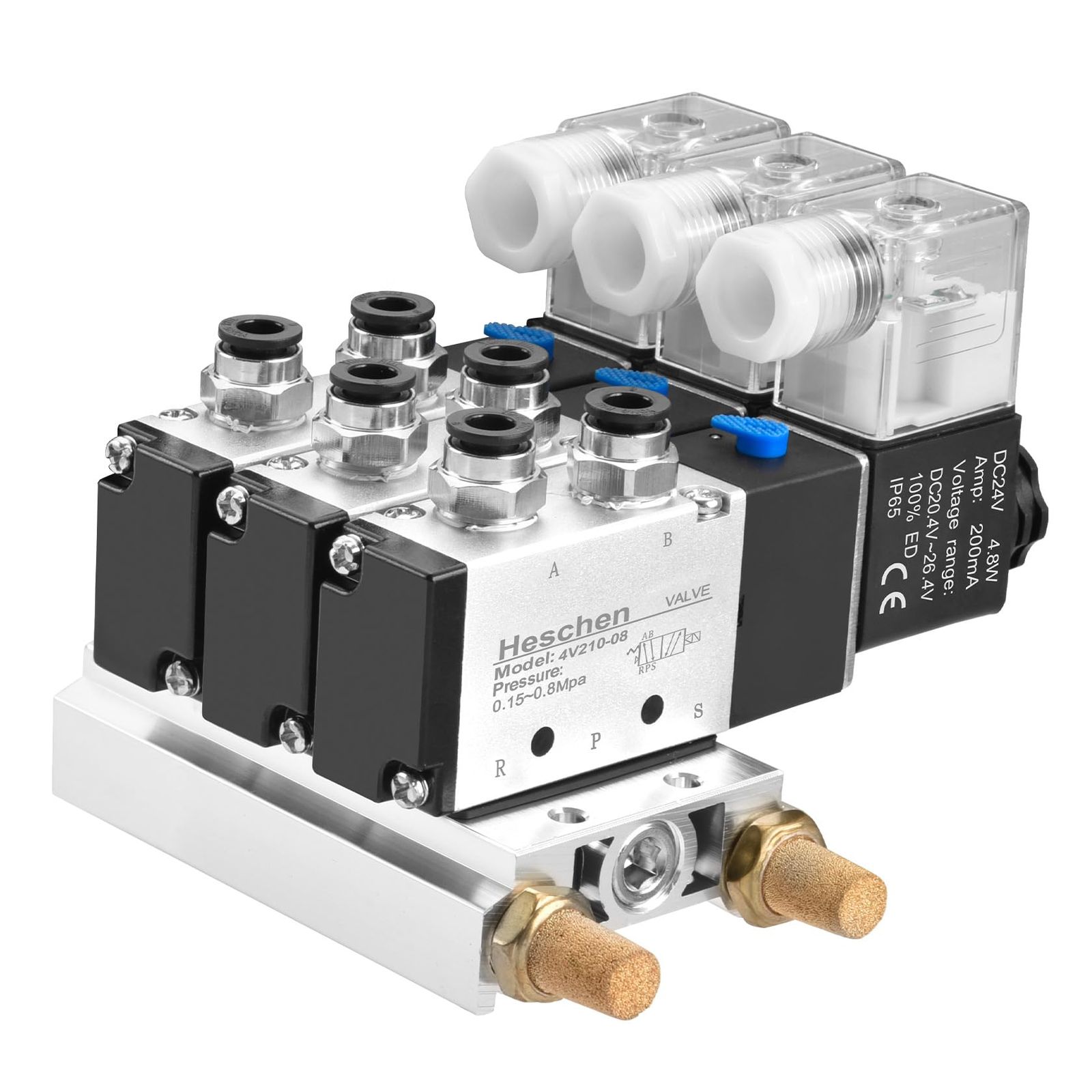 Heschen 空気圧 電磁弁 4V210-08 PT1/4 24V DC 5ウェイ 2ポジション シングルコイル 3 ソレノイドバルブ接続されたベースマフラー★m df4f9040