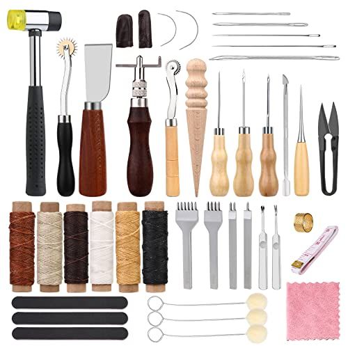 Dennty レザークラフト 革細工 キット 革細工 工具 41点 裁縫セット 革用針と糸 レザートリミングホイール 千枚通し 穴あけ ツールキット ワーキングツール アクセサリー ワックス糸付き★m 6cb58fe0