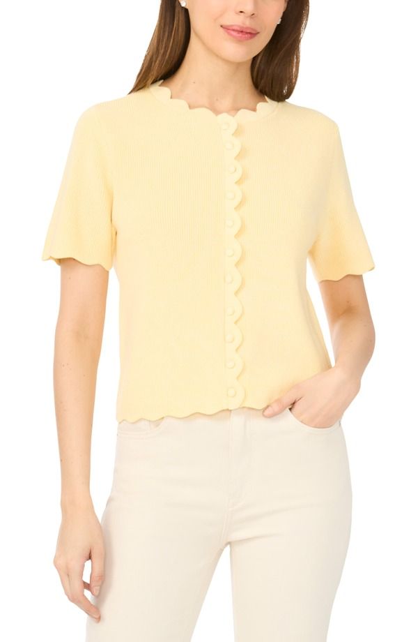 セセ レディース トップス シャツ カーディガン CeCe Scallop Edge Short Sleeve Cardigan Lemon Drop
