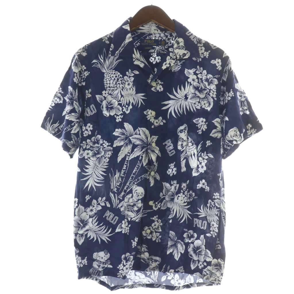 ポロ ラルフローレン POLO RALPH LAUREN ラルフローレン オープンカラーシャツ 半袖 花柄 紺 ネイビー ■GY44
