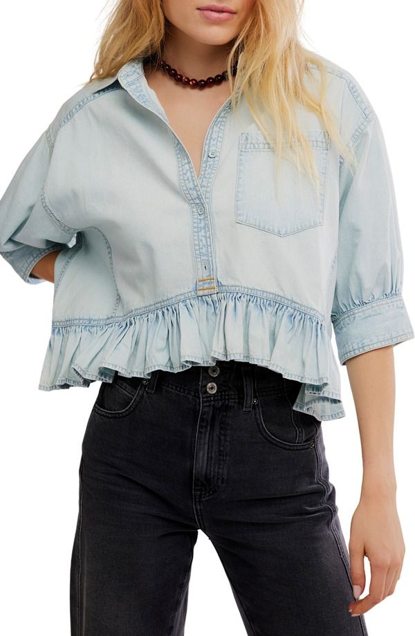 フリーピープル レディース トップス シャツ デニム Free People Bailey Denim Cropeplum Top Lightint Wash デニム