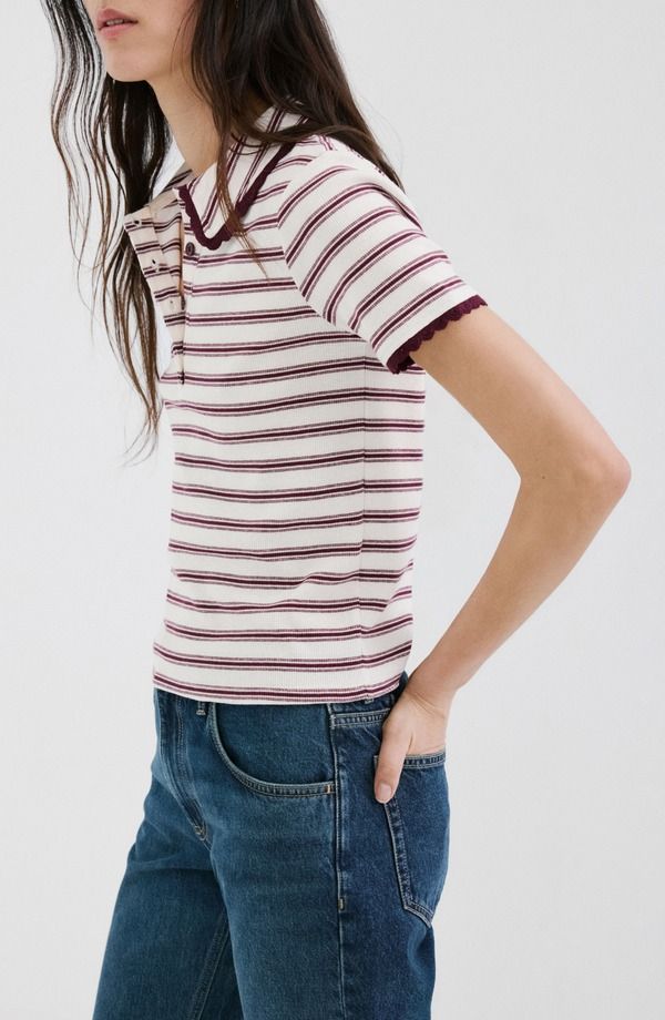 マンゴ レディース トップス シャツ MANGO Stripe Scallop Collar Polo Burgundy バーガンディ