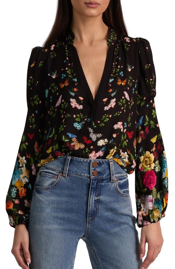 アリス アンド オリビア レディース トップス シャツ フラワー柄 フラワー Alice Olivia Helen Floral Top Solar Strength Black ブラック
