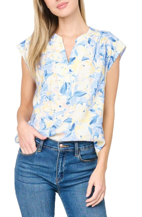ギブソンルック レディース トップス シャツ キャップ GIBSONLOOK Split Neck Cap Sleeve HighLow Top Yellow Navy Floral ネイビー