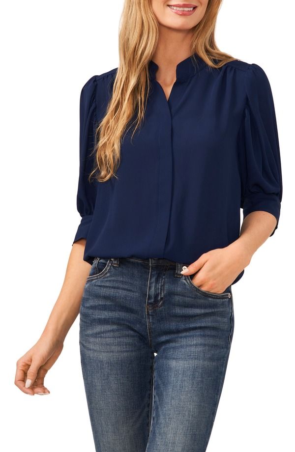 セセ レディース トップス シャツ CeCe Puff Sleeve ButtonUp Shirt Classic Navy ネイビー