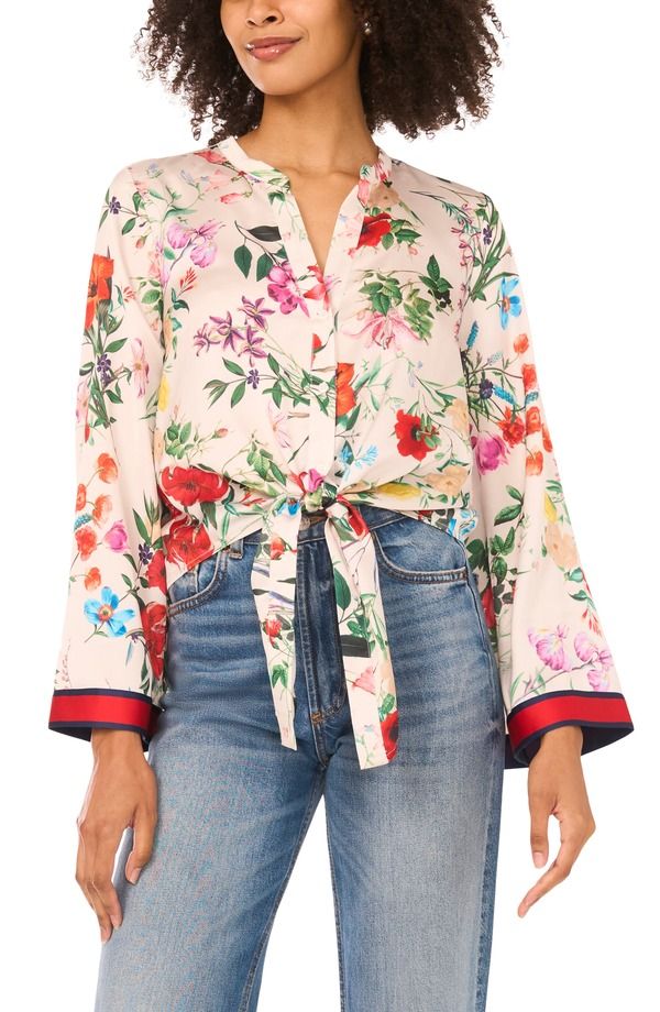ヴィンスカムート レディース トップス シャツ Vince Camuto Tie Front Flare Sleeve Shirt Ivory Multi アイボリー