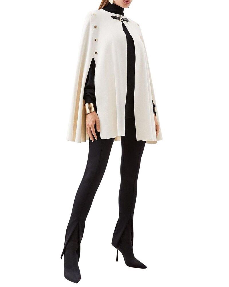 カレンミレン レディース アウター コート ケープデザイン キャップ ケープ ニット Karen Millen Popper Detail Knit Cape Coat Cream クリーム