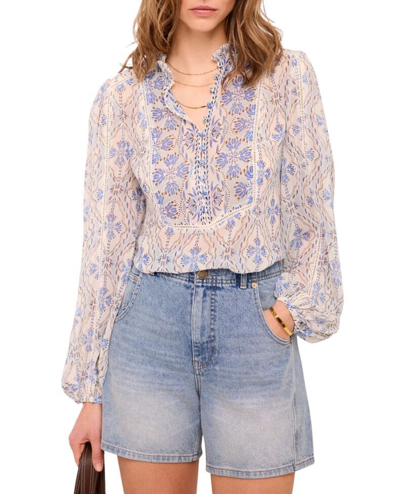 ミルトンベルベット レディース トップス シャツ プリント フリル ブラウス Mint Velvet Womens Geo Print Ruffle Blouse Blue ブルー
