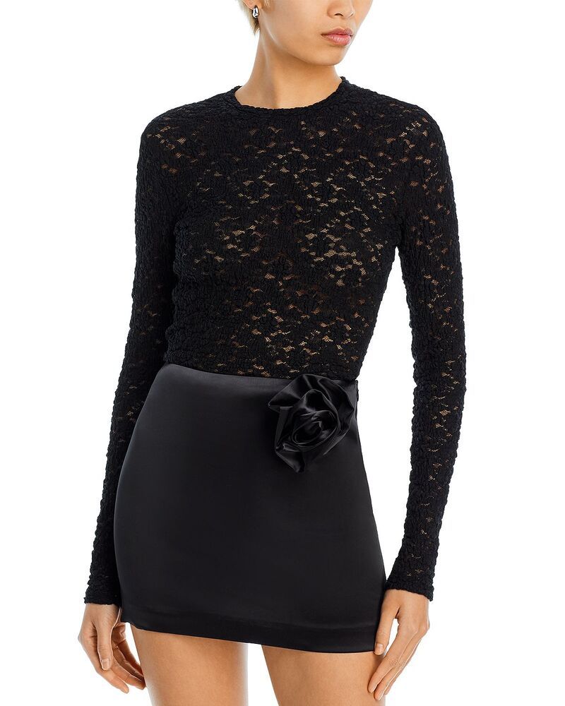 アクア レディース トップス シャツ レース AQUA Puckered Lace Long Sleeve Top Exclusive Black ブラック