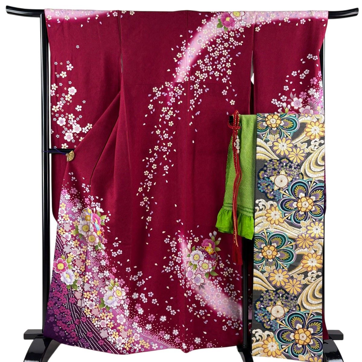【美品】 振袖 身丈163cm 裄丈65.5cm M 袷 袋帯フルセット 雪輪 草花 箔 濃ピンク 正絹 名品 【中古】