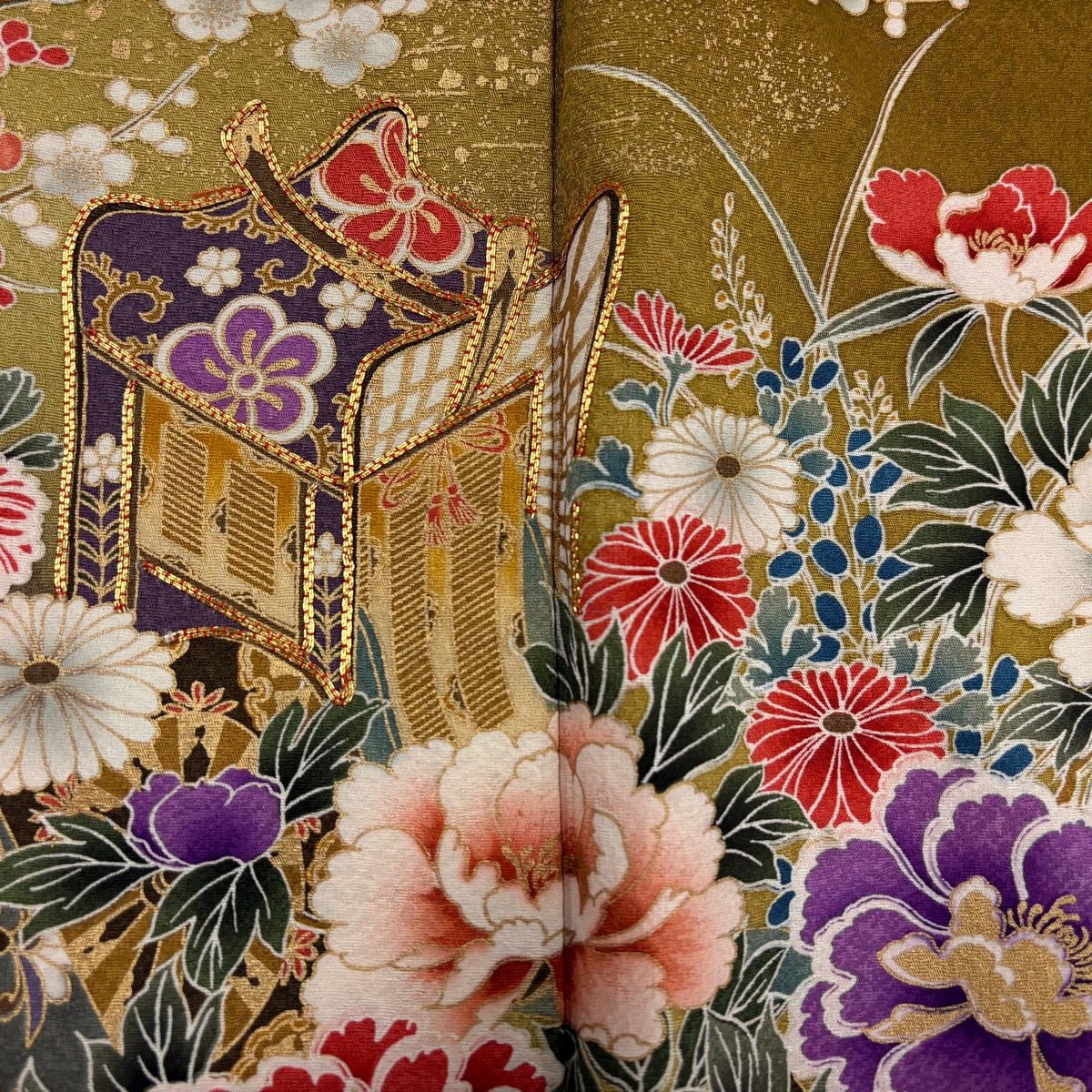 振袖 身丈158cm 裄丈62.5cm S 袷 袋帯フルセット 御所車 草花 金糸 