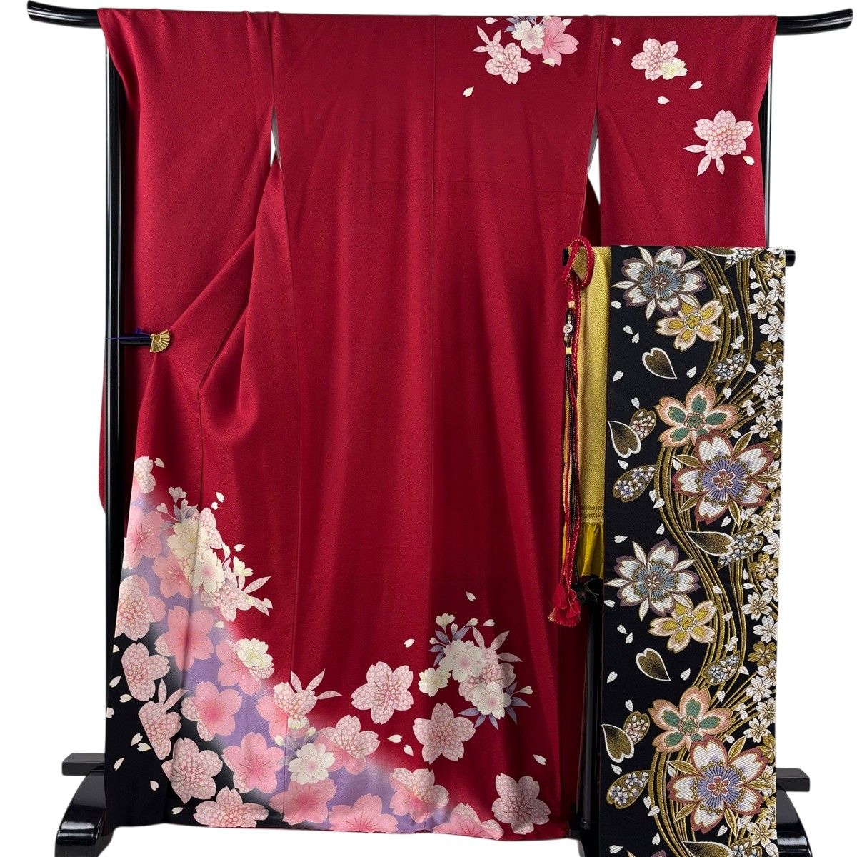 振袖 身丈170cm 裄丈68cm L 袷 袋帯フルセット 桜 桜の花びら 金糸 金彩 赤 正絹 秀品 【中古】