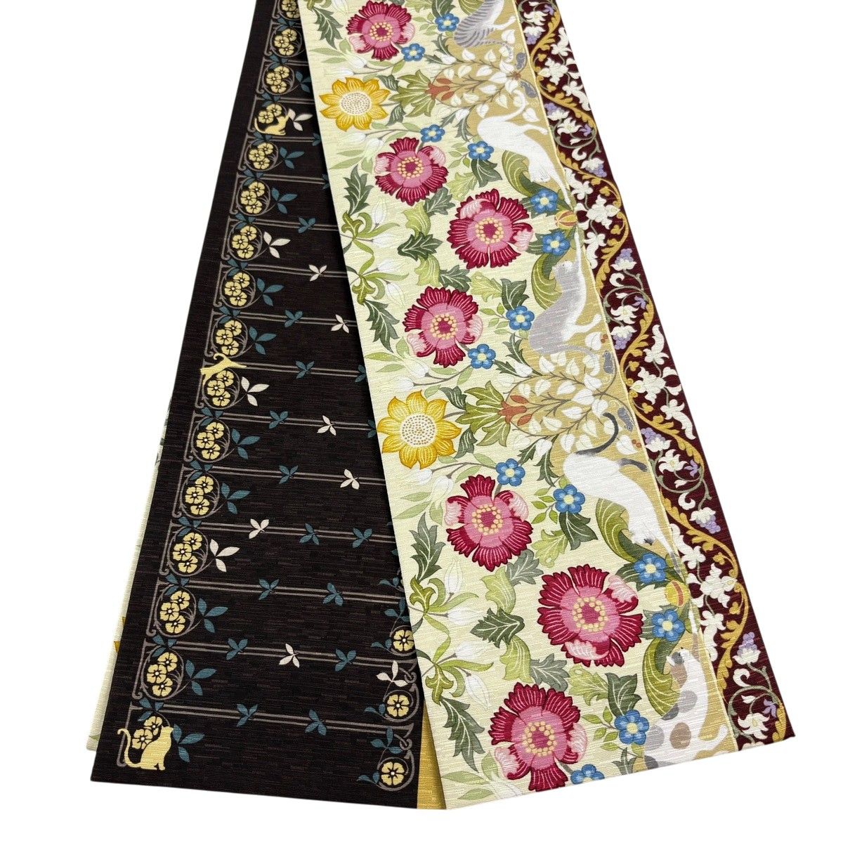 【美品】半幅帯 逸品 猫 花唐草 クリーム 正絹 【中古】