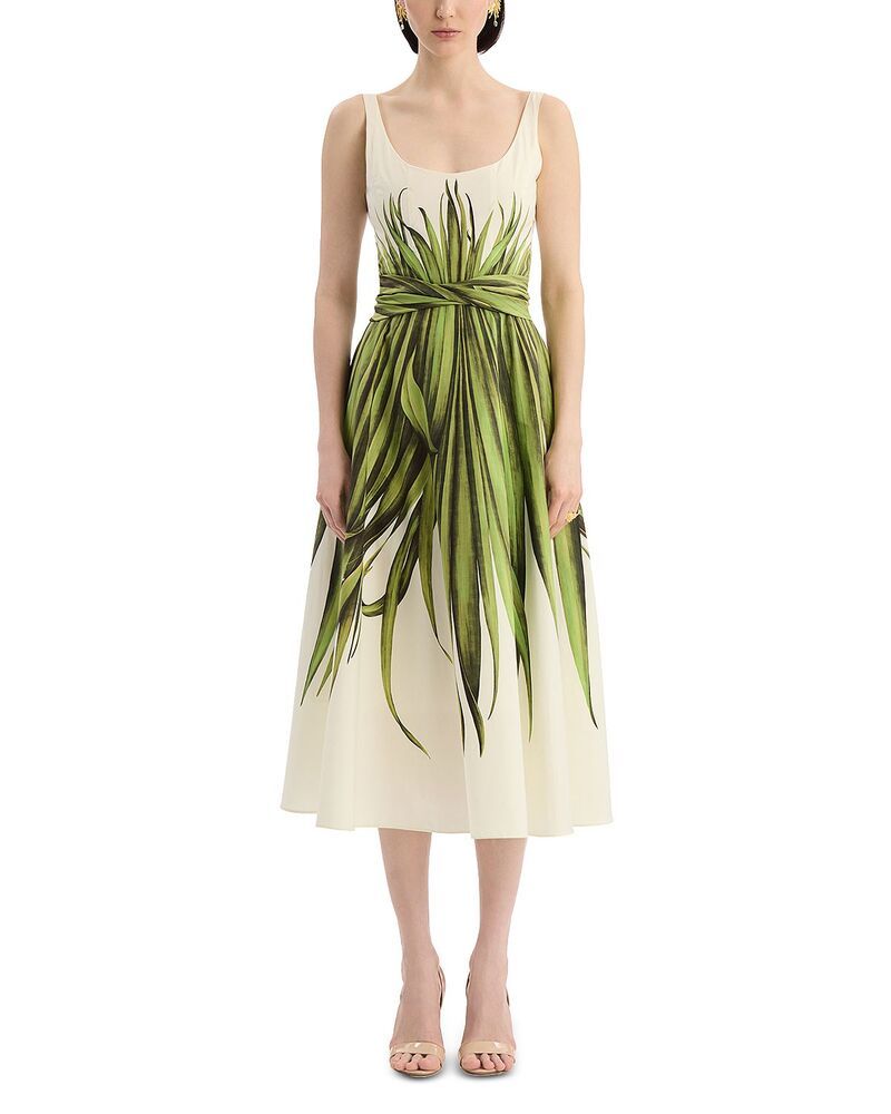 オスカー デ ラ レンタ レディース トップス ワンピース ノースリーブ Oscar de la Renta Sleeveless Palm Leaves Poplin Day Dress GreenEcru エクリュ