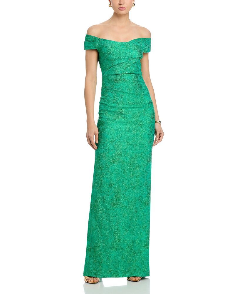 テリジョンバイリッキーフリーマン レディース トップス ワンピース ギャザー Teri Jon by Rickie Freeman Shimmer Jacquard Off Shoulderuched Gown Kelly Green グリーン