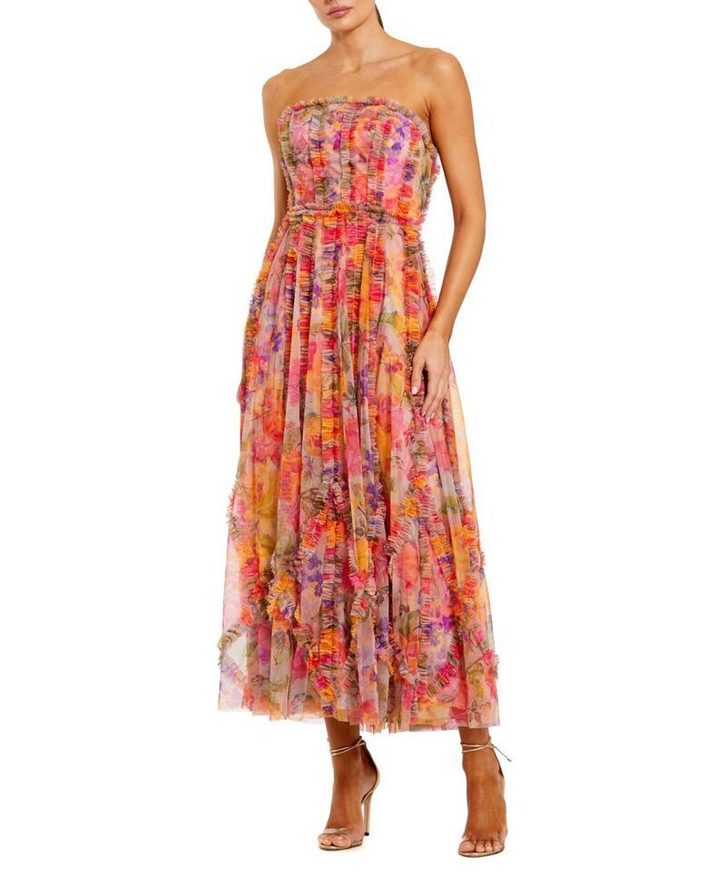 マックダガル レディース トップス ワンピース フリル メッシュ ストラップレス Mac Duggal Mesh Micro Ruffle Strapless Gown Multi マルチカラー