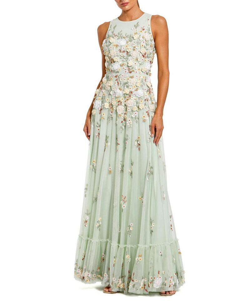 マックダガル レディース トップス ワンピース ハイネック フラワー柄 ノースリーブ フラワー Mac Duggal Floral Embellished High Neck Sleeveless Gown Sage Multi セージ