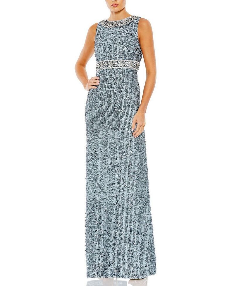 マックダガル レディース トップス ワンピースパンコール ノースリーブ Mac Duggal Sequined Sleeveless Embellished Neckline Gown Slate Blue スレート