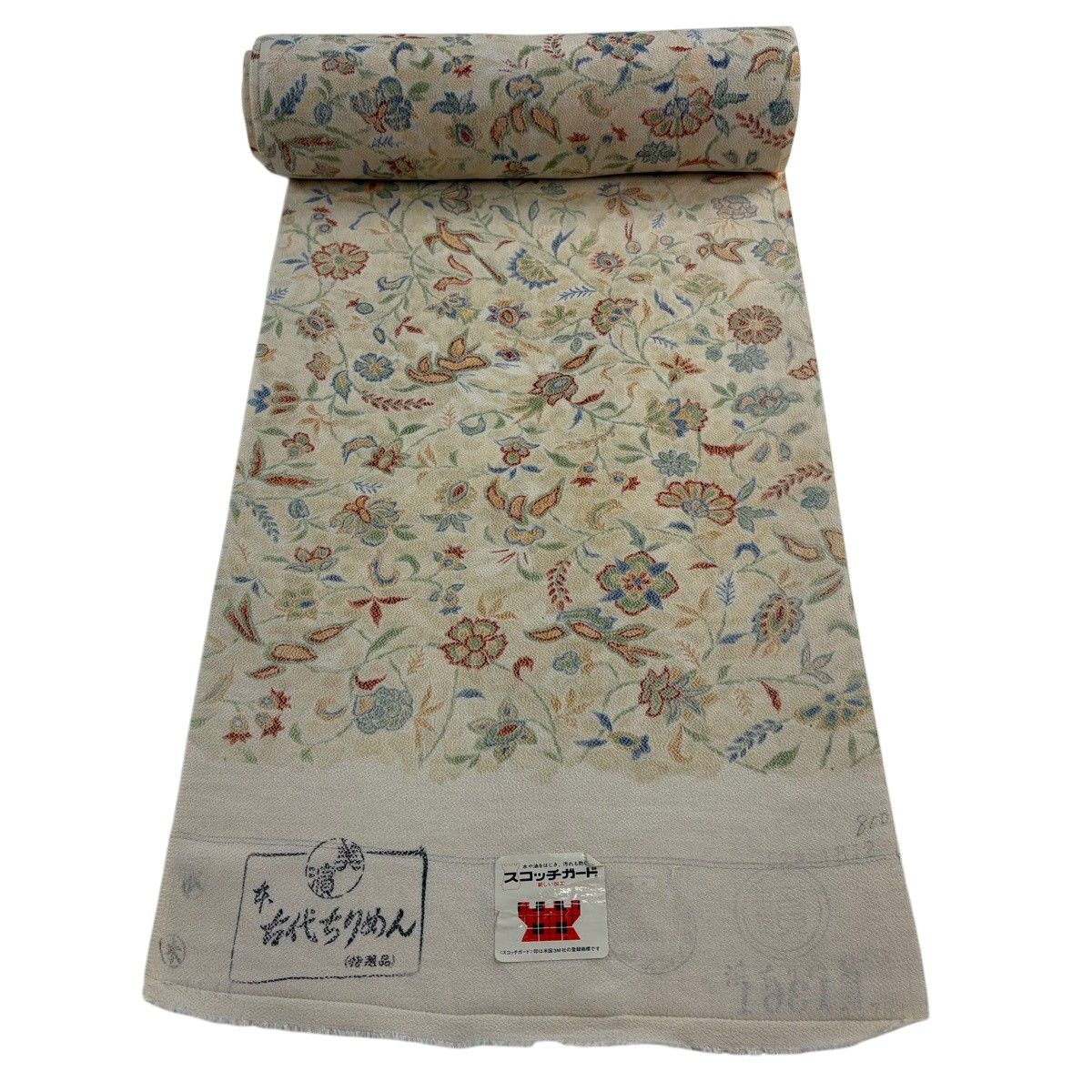 反物 秀品 小紋 花唐草 縮緬 ベージュ 正絹 【中古】