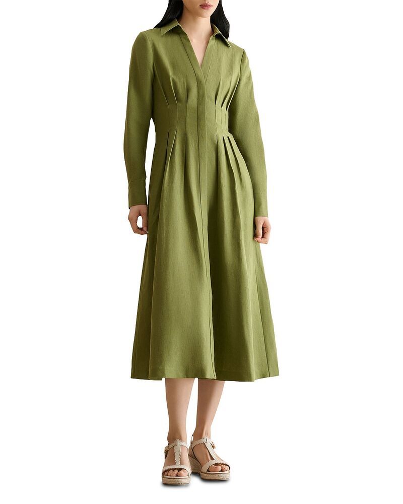ホッブスロンドン レディース トップス ワンピース プリーツ リネン HOBBS LONDON Chrissy Linen Pleated Waist Dress Pale Olive オリーブ