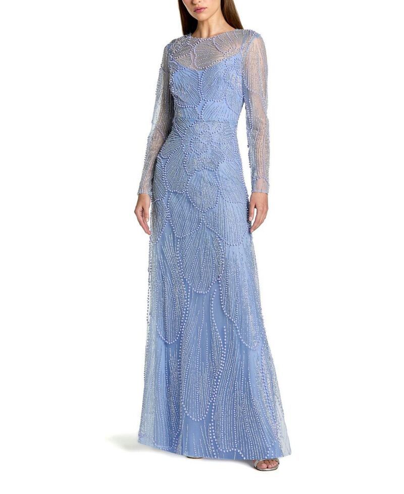 マックダガル レディース トップス ワンピース A ライン ハイネック メッシュ Mac Duggal Beaded Meshigh Neck Long Sleeve A Line Gown Periwinkle