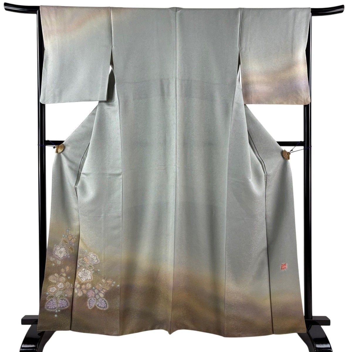 【美品】 付下げ 身丈162cm 裄丈66cm M 袷 二代目 久保田一竹 落款 辻が花 金通し ぼかし 灰緑 正絹 逸品 【中古】