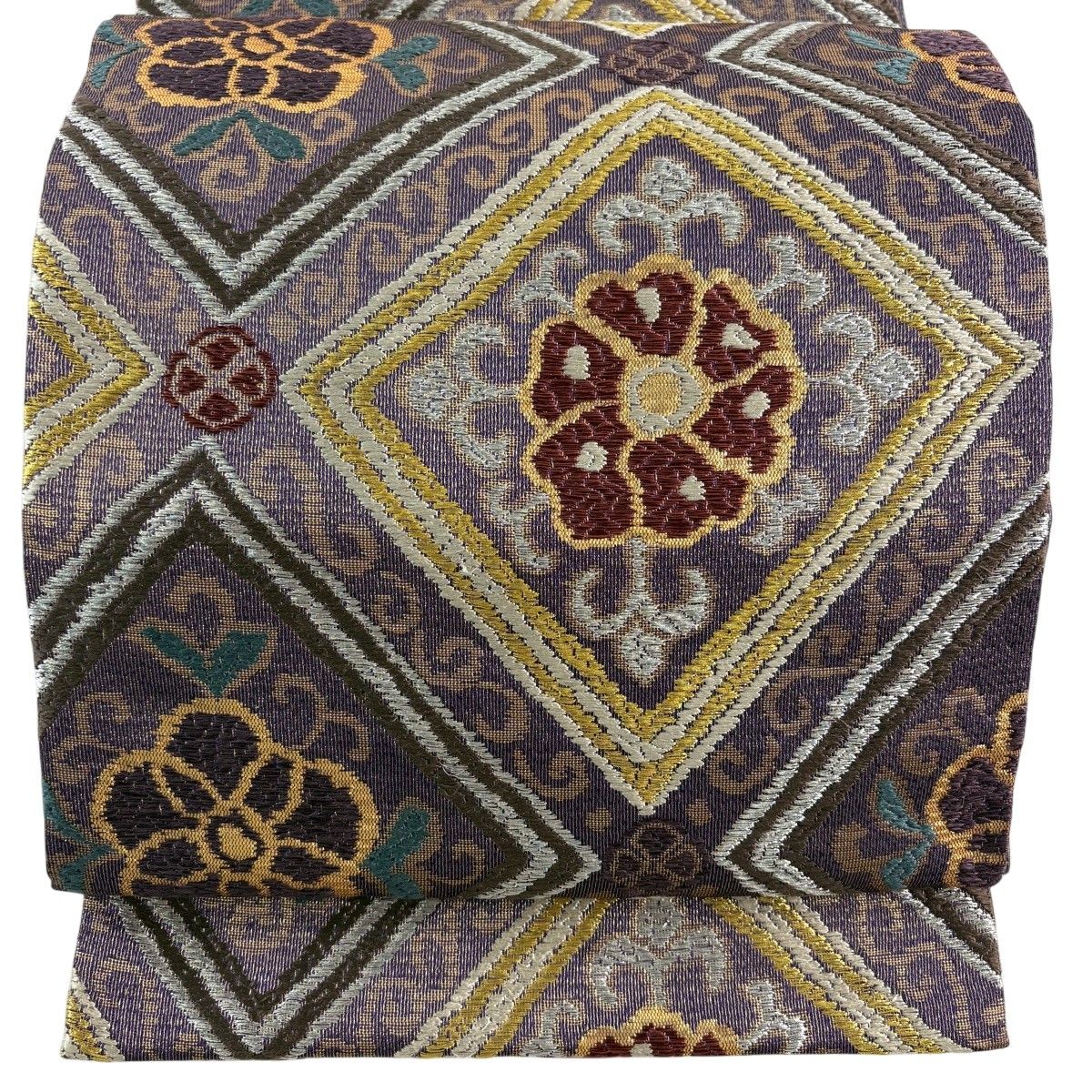 【美品】 袋帯 名品 花唐草 菱 金銀糸 箔 灰紫 六通 正絹 【中古】