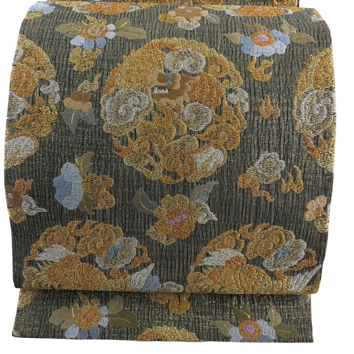 【美品】 袋帯 名品 草花 鳥 箔 金銀糸 灰緑 六通 正絹 【中古】