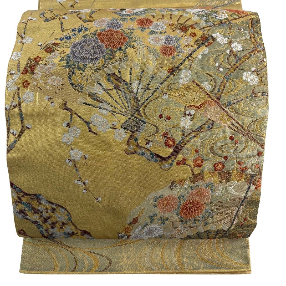 袋帯 名品 長嶋成織物 落款 本金箔 桃山桧扇白梅図 金銀糸 金色 お太鼓柄 正絹 【中古】
