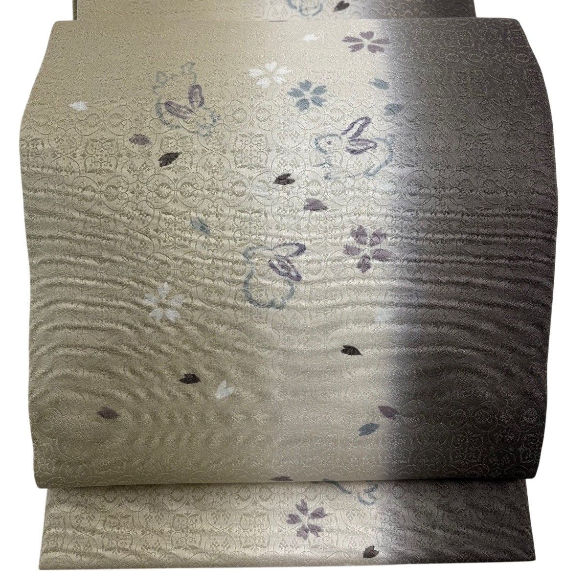 【美品】 開き名古屋帯 名品 ますいわ屋 うさぎ 桜 抹茶色 正絹 【中古】