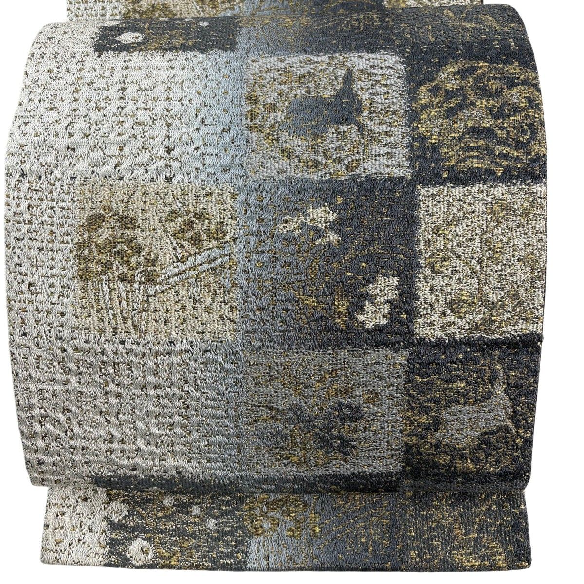 【美品】 袋帯 名品 草花 市松 箔 金糸 青灰色 六通 正絹 【中古】