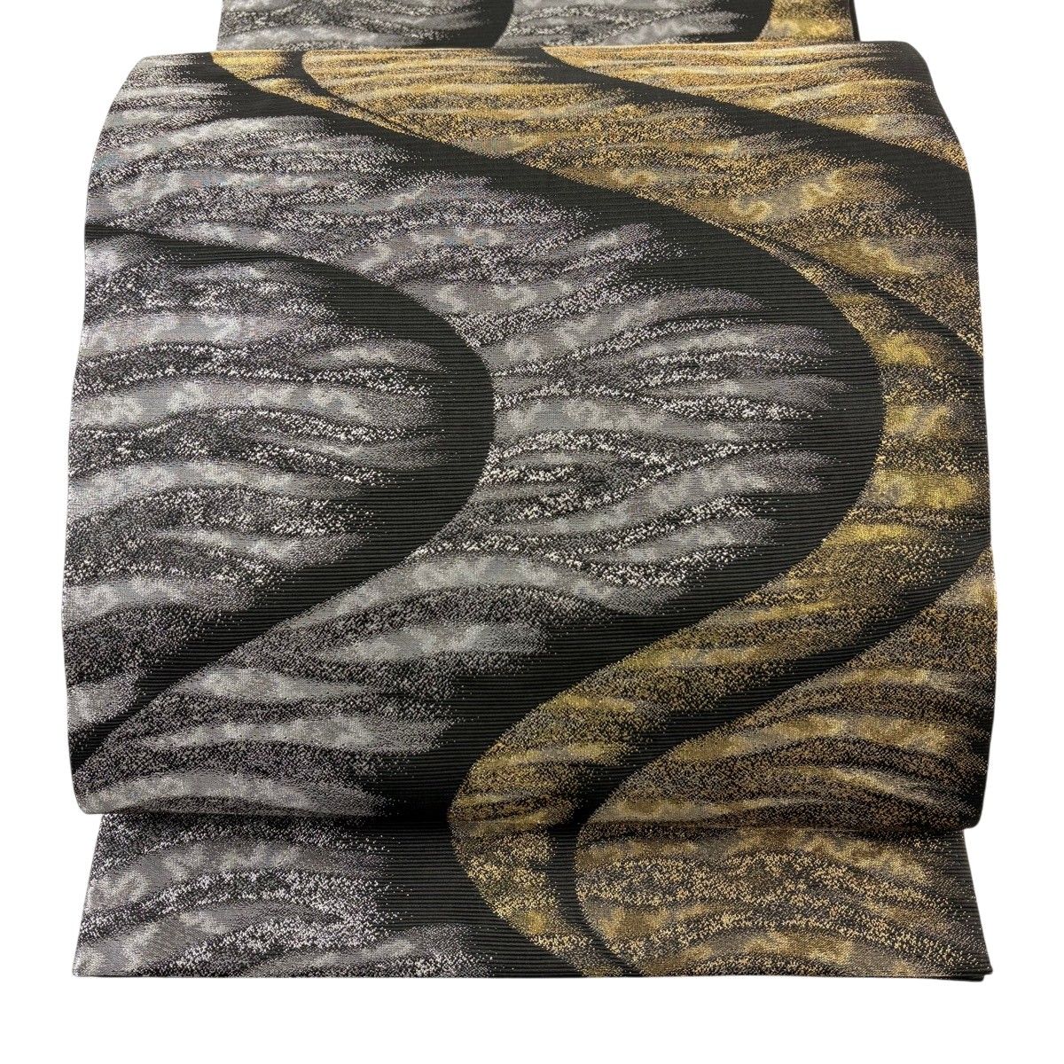 【美品】 袋帯 名品 春霞早流美文 金銀糸 箔 黒 六通 正絹 【中古】
