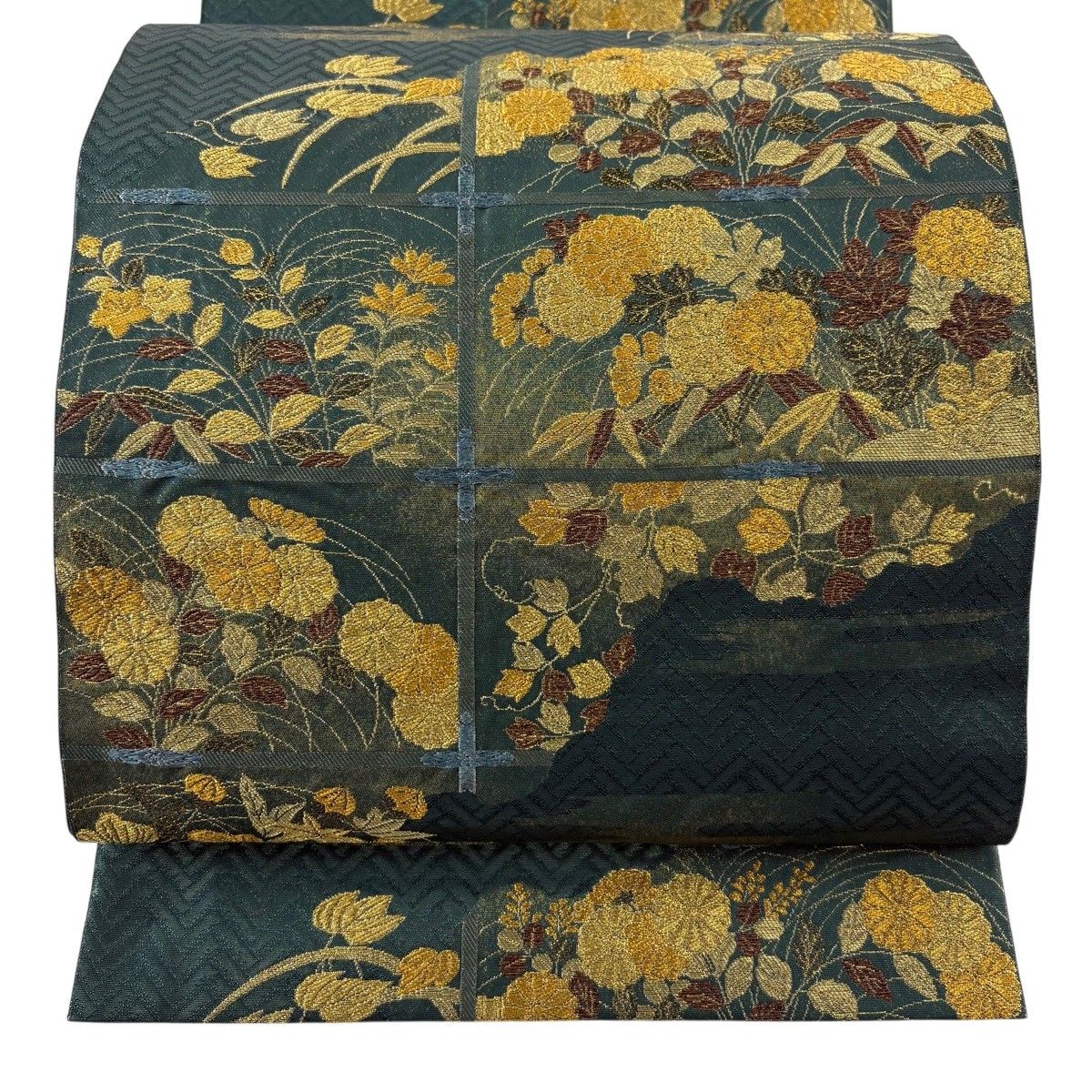 【美品】 袋帯 名品 落款 本家加納 菊 ヱ霞 金糸 金彩 深緑 六通 正絹 【中古】