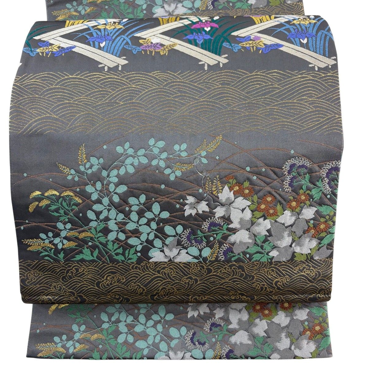 【美品】 袋帯 名品 辻村ジュサブロー 落款 八ツ橋 波 金銀糸 箔 灰色 六通 正絹 【中古】