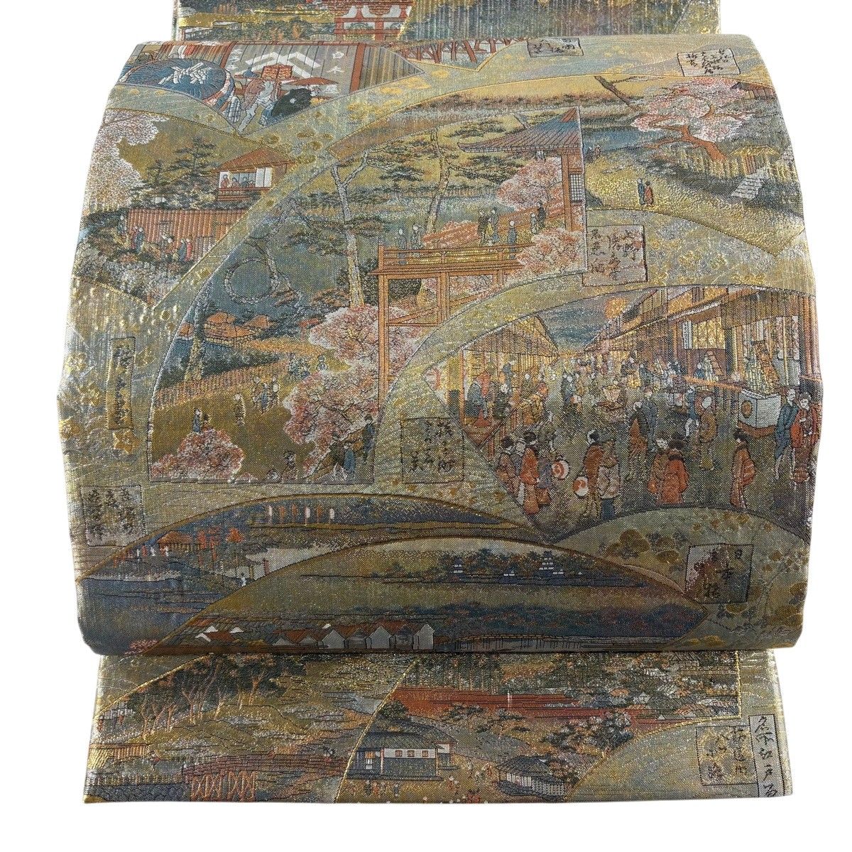 【美品】 丸帯 逸品 名所大江戸百景 箔 青灰色 お太鼓柄 正絹 【中古】 25,760円