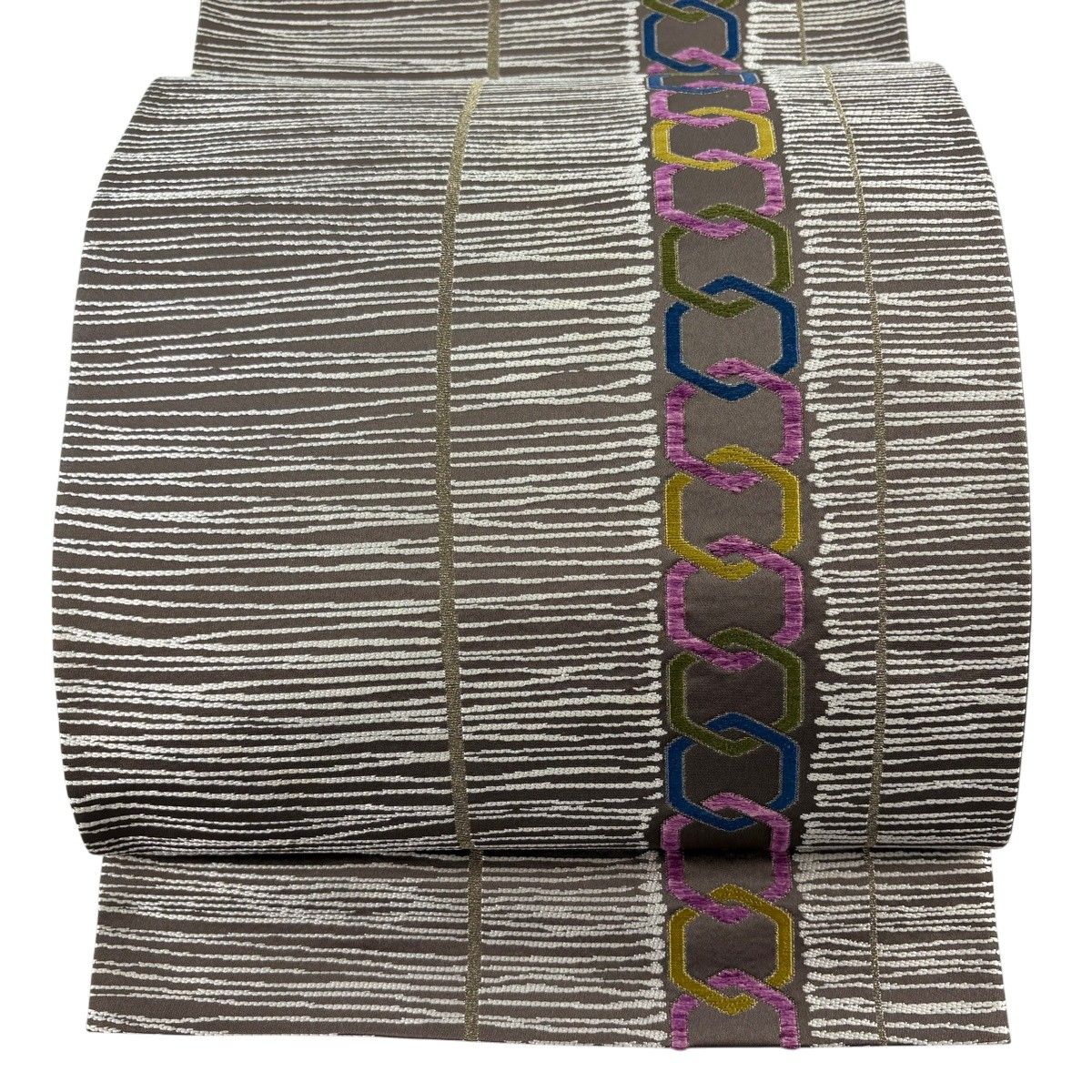 【美品】 袋帯 逸品 白綾苑大庭 落款 幾何学模様 縞 金糸 茶色 六通 正絹 【中古】