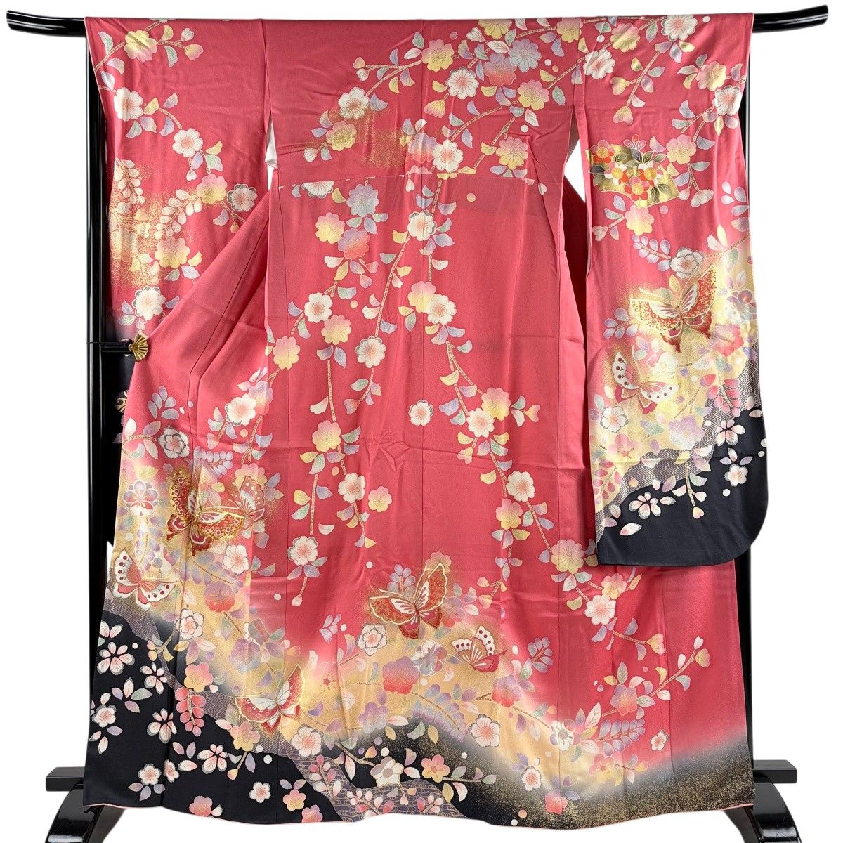 振袖 身丈165cm 裄丈66cm M 袷 蝶 梅 金糸 金彩 ピンク 正絹 秀品