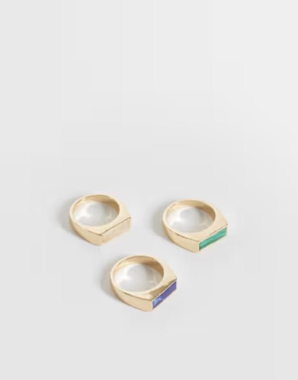 エイソス メンズ アクセサリー リング ASOS DESIGN 3 pack rectangular semiprecioustone slim signet rings GOLD ゴールド