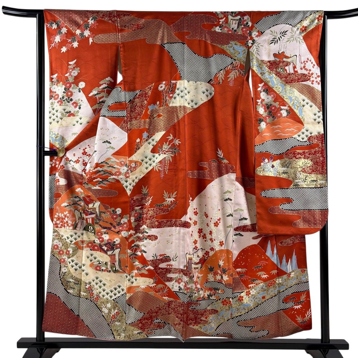 振袖 身丈156cm 裄丈64cm M 袷 御所車 松竹梅 金彩 金糸 朱色 正絹 秀品 【中古】