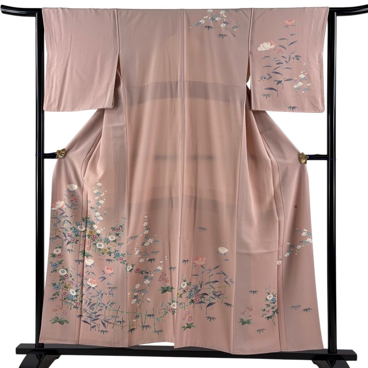 訪問着 身丈153cm 裄丈62.5cm S 袷 加賀友禅 寺西一紘 落款 菊 草花 ピンク 正絹 秀品 【中古】