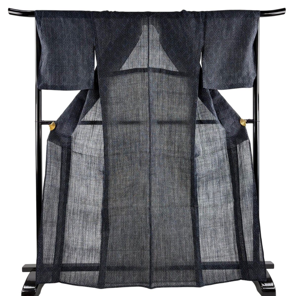 【美品】 紬 身丈169.5cm 裄丈66.5cm M 薄物 夏紬 菱 幾何学模様 濃紺 正絹 秀品 【中古】