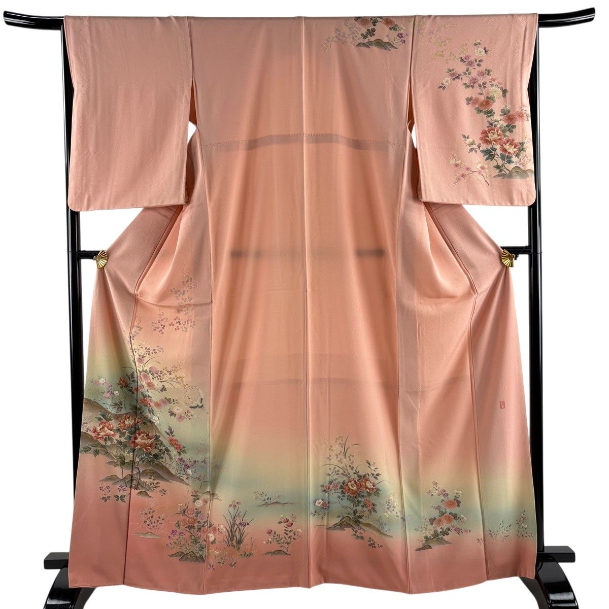 訪問着 身丈166cm 裄丈66cm M 袷 落款 草花 鶴 金彩 ぼかし ピンク 正絹 秀品 【中古】