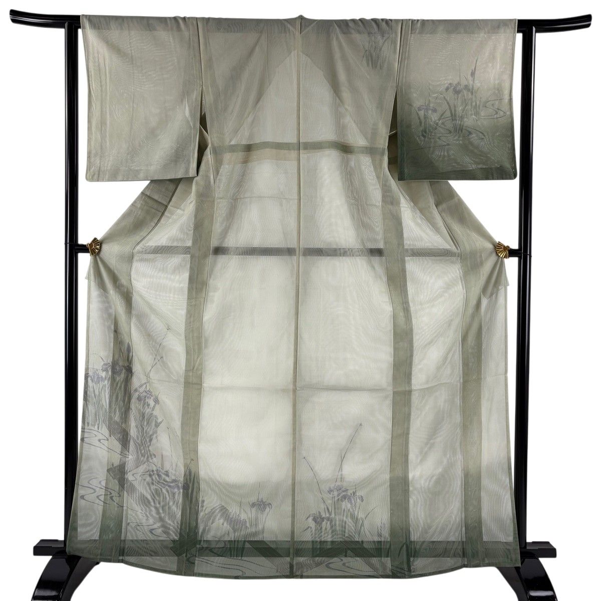 訪問着 身丈166.5cm 裄丈63cm S 紗袷 菖蒲 八橋 金彩 薄緑 正絹 秀品 【中古】
