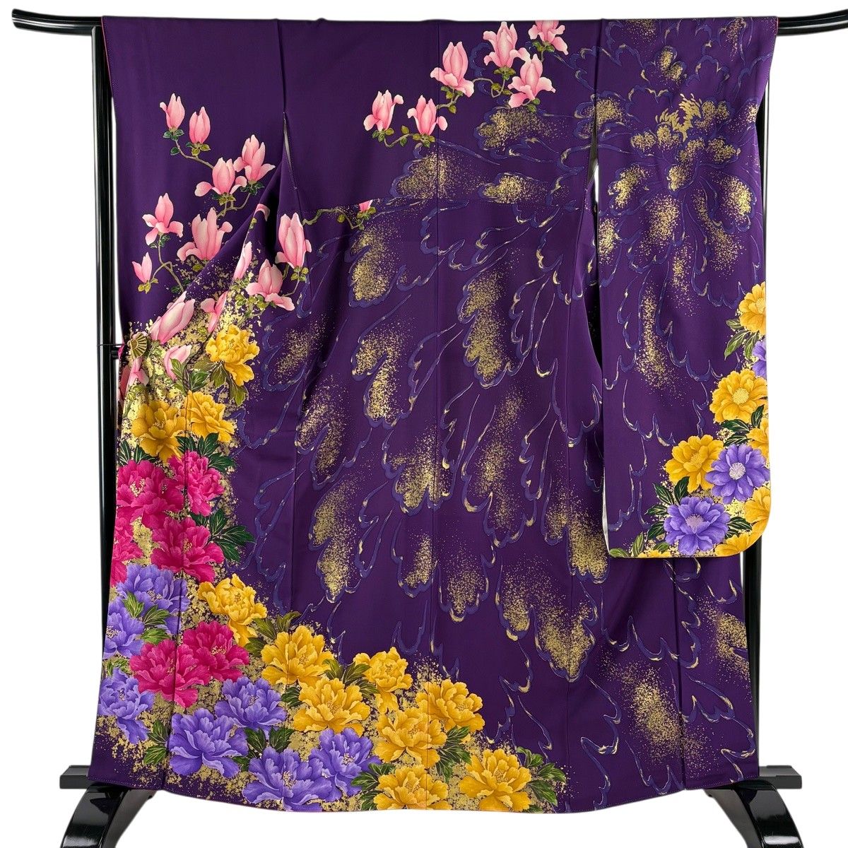 振袖 身丈162cm 裄丈66.5cm M 袷 牡丹 金彩 濃紫 正絹 秀品 【中古】