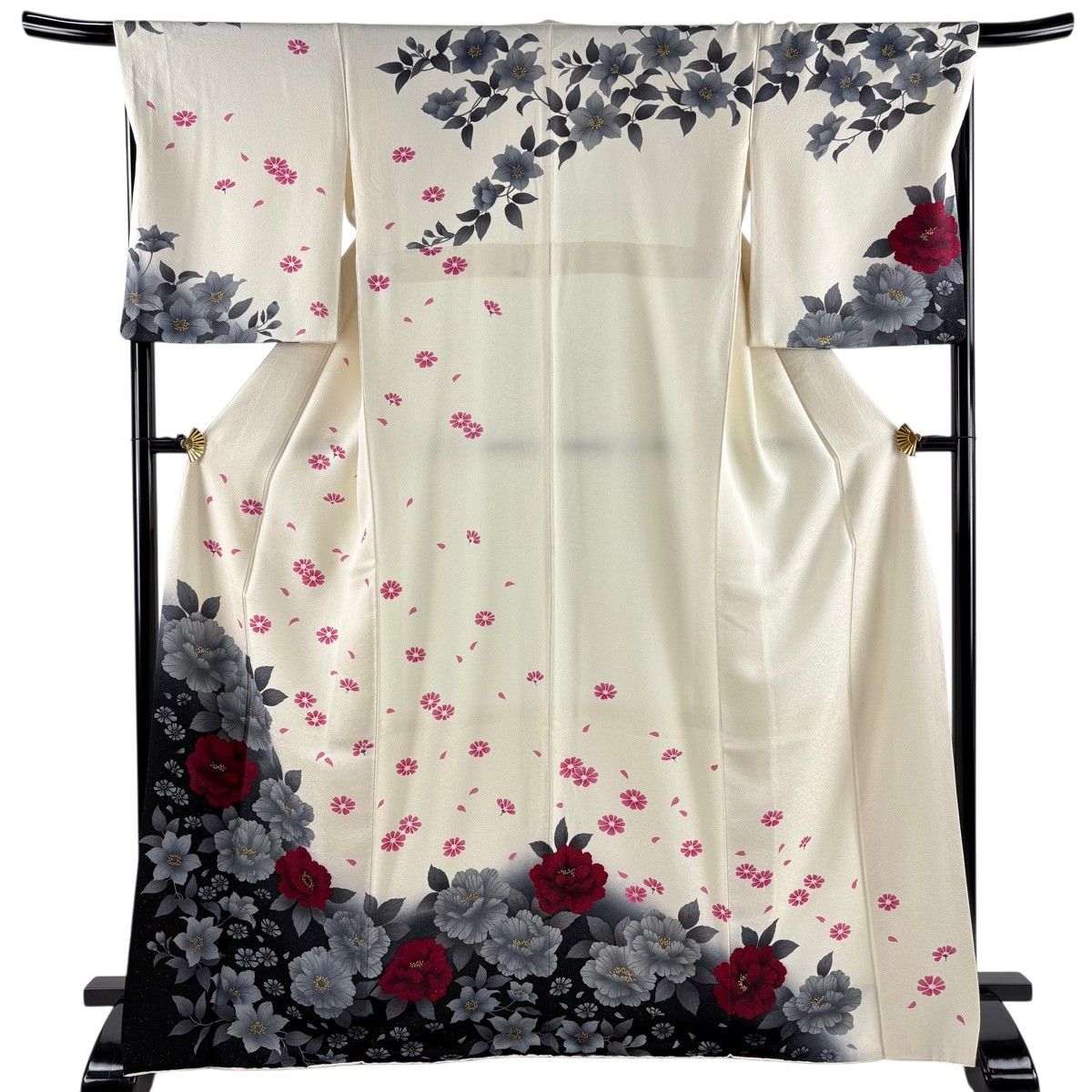 訪問着 身丈169cm 裄丈68cm L 袷 牡丹 草花 金通し 染分け クリーム 正絹 秀品 【中古】 6,860円