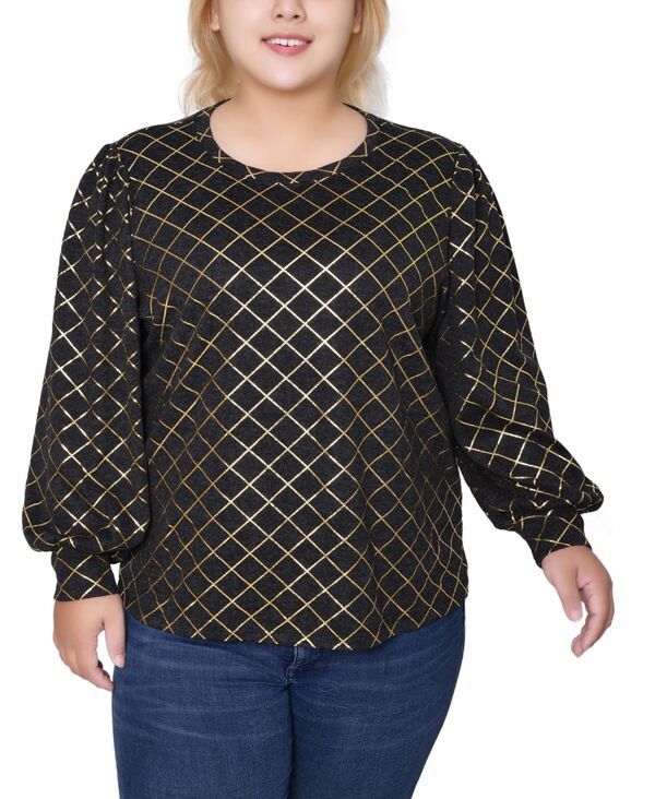 ニューヨークコレクション レディース トップス シャツ NY Collection Womens Bishop Sleeve Pullover Top Black Gold ブラック