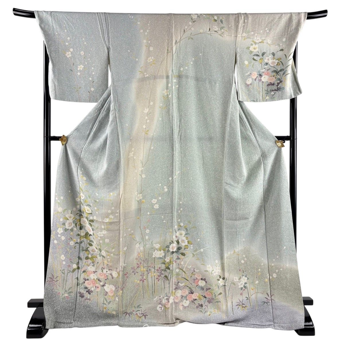 訪問着 身丈171cm 裄丈72cm L 袷 草花 菊 ぼかし 青灰色 正絹 秀品 【中古】