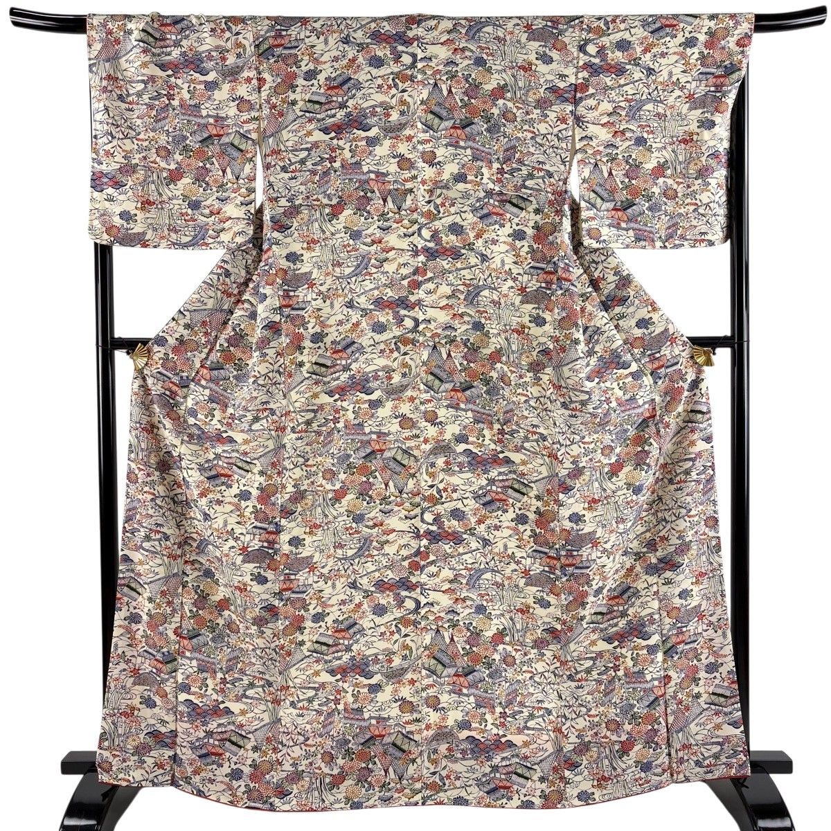 【美品】 小紋 身丈165cm 裄丈67.5cm L 袷 家屋 草花 ベージュ 正絹 秀品 【中古】